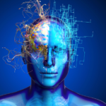 Digital human head with a neural network and circuits representing artificial intelligence.