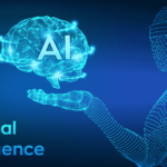 A futuristic digital illustration of a robot holding a glowing brain labeled 'AI,' symbolizing artificial intelligence, innovation, and the synergy between human knowledge and machine learning.