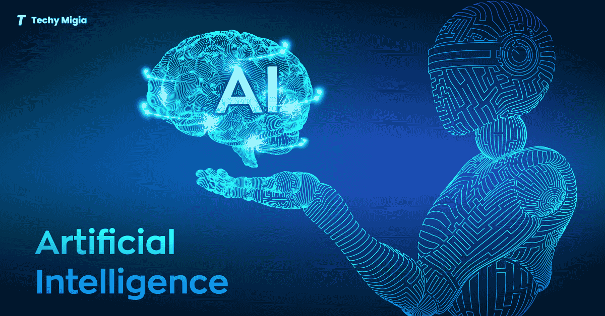 A futuristic digital illustration of a robot holding a glowing brain labeled 'AI,' symbolizing artificial intelligence, innovation, and the synergy between human knowledge and machine learning.