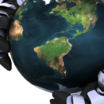 A futuristic robotic hand gently holding Earth, symbolizing artificial intelligence transforming the world. The image highlights the integration of AI and technology in shaping the planet's future.