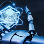 A robotic hand holding a glowing human brain against a background of illuminated circuit patterns, symbolizing the relationship between artificial intelligence and machine learning.