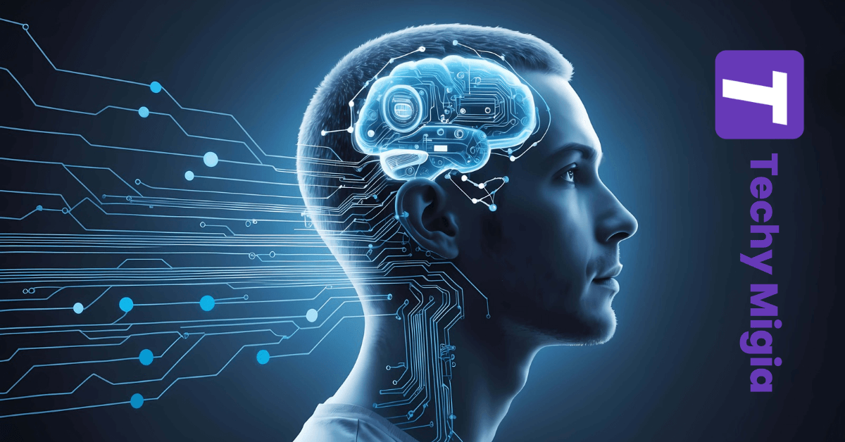 A digital illustration of a man's profile with a glowing, futuristic brain composed of circuit-like patterns, symbolizing the fusion of human intelligence and artificial intelligence.