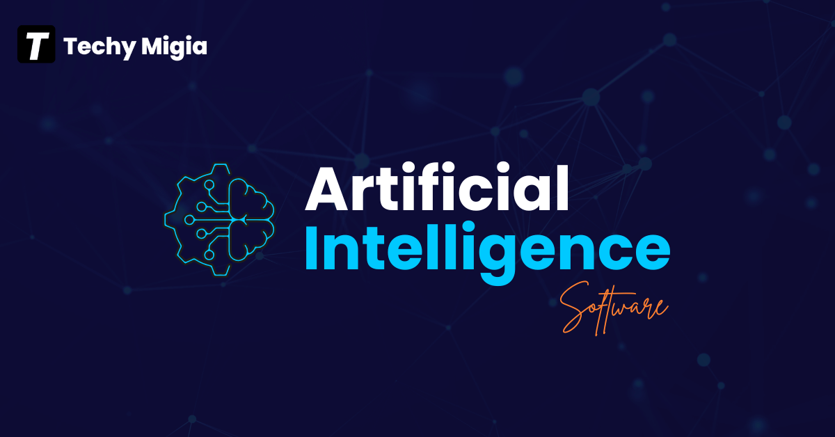 A digital graphic showing a neural network brain icon next to the bold text “Artificial Intelligence Software,” representing modern AI technology solutions on a dark blue connected network background.