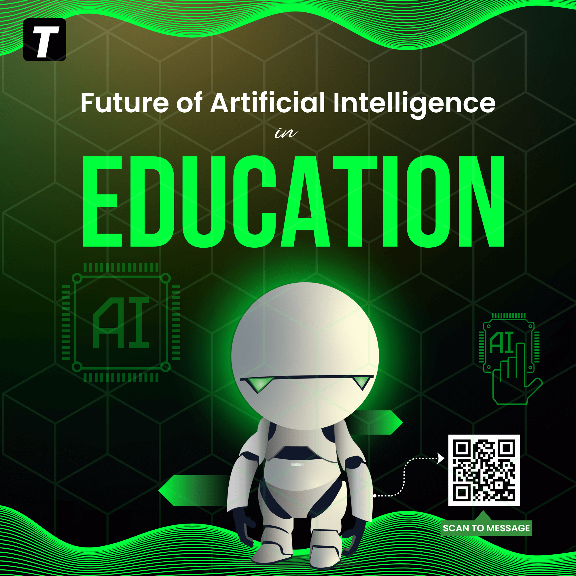 Futuristic robot illustration highlighting the future of artificial intelligence in education, with neon green graphics and digital AI icons.