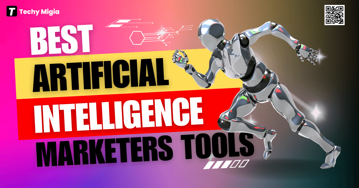 Futuristic silver robot running beside bold text that reads “Best Artificial Intelligence Marketers Tools,” symbolizing advanced AI-powered marketing solutions.