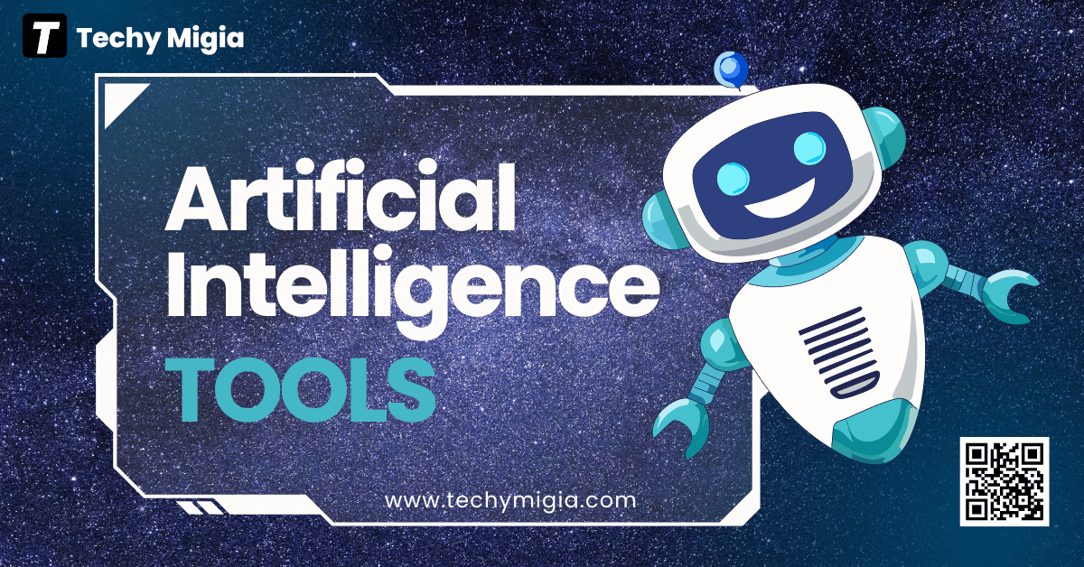 Smiling robot illustration with a digital background promoting artificial intelligence marketer tools for businesses and professionals.