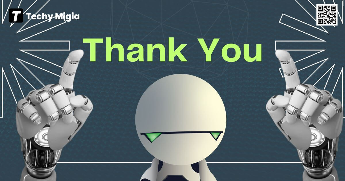 Futuristic robot raising both hands beside text that says “Thank You,” symbolizing appreciation in the world of artificial intelligence in business.